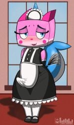 absurd_res anthro blue_eyes blue_horn blue_tail bodily_fluids clothing erection erection_under_clothing fur futanari half-closed_eyes hi_res horn intersex lego maid_headdress maid_uniform narrowed_eyes nervous nervous_smile nervous_sweat pink_body pink_fur solo sweat tail teknomekanoid the_lego_movie unicorn_horn uniform unikitty