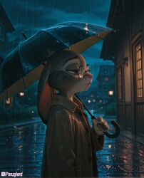 ai_generated fur furry glasses high_resolution highres hires judy_hopps night panzglard rain sad umbrella zootopia zootopia_2