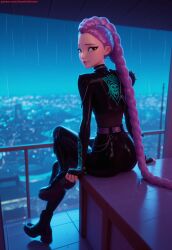 3d 3d_(artwork) 3dcg ai ai-created ai_art ai_generated cgi cgi_girl city city_lights cityscape female from_behind kpop_demon_hunters long_hair looking_at_viewer night purple_hair rain rumi_(kpop_demon_hunters) sitting smile solo very_long_hair