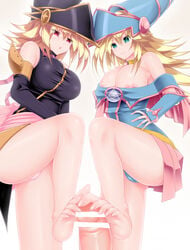 1boy 2girls aqua_eyes barefoot blonde_hair breasts calcio censored choker dark_magician_girl detached_sleeves duel_monster feet footjob gagaga_girl hat highres huge_breasts looking_down multiple_girls nipples open_mouth penis pointless_censoring red_eyes smile standing standing_footjob straight thighs toes wizard_hat yu-gi-oh!