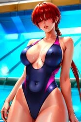 ai_generated babe bare_shoulders beautiful_females busty collarbone fantasy female hair_covering_eyes indoors isaris-ai king_of_fighters lipstick navel_visible_through_clothes partial_nudity ponytail red_hair sexy shermie_(kof) snk snk_heroines:_tag_team_frenzy solo_focus stable_diffusion swimsuit voluptuous_female wet
