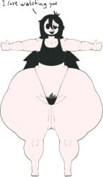 awkward_smile bush extremely_thick_thighs her_(imscared) hollow_eyes huge_ass long_hair mitten_hands no_breasts no_tits pale-skinned_female pale_skin staring_at_viewer tank_top text thong