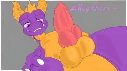 absurd_res activision balls colored digital_drawing_(artwork) digital_media_(artwork) dragon erection feral genitals genosladart hi_res horn looking_at_viewer low-angle_view male mythological_creature mythological_scalie mythology penis scalie shaded simple_background smile smiling_at_viewer smirk smirking_at_viewer solo spyro spyro_the_dragon tail
