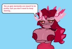 big_breasts breasts_out caramelpearl_(artist) cookie_run cookie_run_kingdom coral_crown crimson_coral_cookie flustered gem_mermaid large_breasts long_hair mermaid mermaid_girl nude nude_alt red_eyes red_hair tagme