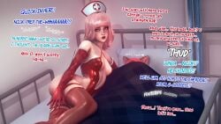 3d blush breasts cat_ears catgirl caught caught_in_the_act caught_off_guard comic_page covering_crotch dialogue embarrassed embarrassed_female female gloves looking_away mercierharrogate nurse nurse_cap nurse_uniform original original_character pink_hair red_lipstick shiny_clothes skirt small_breasts stockings swimsuit text thighs thin_waist tight_clothing