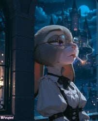 ai_generated fur furry glasses high_resolution highres hires judy_hopps night panzglard smocking zootopia zootopia_2