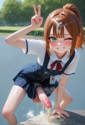 1futa 1girls after_masturbation ai_generated balls big_balls big_penis big_testicles bowlegged_pose breasts clenched_teeth cum cum_on_hair cum_string devaster dickgirl excessive_cum female freckles freckles_on_face futanari green_eyes grin hentai hot_cum id_card intersex looking_at_viewer outdoors peace_sign penis pinafore_dress ponytail realistic_cum reddish_brown_hair school_uniform schoolgirl skinny skinny_futa small_breasts standing testicles wink yellowish_cum