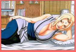accurate_art_style accurate_body_type accurate_proportions ai_generated big_breasts blonde_hair busty busty_female curvaceous curvy curvy_body curvy_female curvy_figure laying_on_bed light-skinned_female manga_style naruto naruto_(series) tsunade voluptuous voluptuous_female