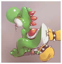 2boys after_sex anthro balls big_penis bowser cock_ring cum cum_in_ass cum_inside cum_leaking disembodied_penis drooling duo flaccid grey_background male male_only mario_(series) multiple_boys nintendo open_mouth penis saliva simple_background solo_focus testicles thick_penis tongue tongue_out unseen_male_face white_border yaoi yoshi yoshitura