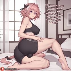 1boy 1femboy abs ai_generated astolfo_(fate) bed bedroom_eyes big_penis blonde_hair breasts cock_ring curvy curvy_figure cute_male dialogue dress ejaculation english english_text erection fate_(series) femboy huge_cock hung_trap looking_at_viewer luvnari male male_focus male_only naked penis sissy skinny skinny_male skirt talking_to_viewer thick thick_thighs thighhighs