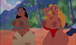 2girls big_breasts bimbo bimbo_lips bimbofication black_hair blonde_hair breasts cameltoe dark-skinned_female dark_skin disney female huge_breasts lifeguard_(lilo_and_stitch) lilo_and_stitch nani_pelekai nerota plump_lips thick_thighs torn_clothes wardrobe_malfunction wide_hips
