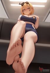 1girls 2d ai_generated ass barefoot big_ass blonde_hair breasts dooby3d erophoenix eyewear_on_head female female_focus full_body green_eyes huge_breasts large_breasts nude pale_skinned_female patreon_username solo solo_female sweat thick thick_thighs uncensored