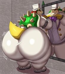 2d 2d_artwork ass ass_focus big_ass big_belly big_butt bow_tie bowser butt_focus chubby chubby_belly chubby_male clothes fat fat_ass fat_butt formal formal_wear fully_clothed huge_ass huge_butt koopa koopaling large_male male mario_(series) megacoolbear megacoolbear_(artist) mirror mirror_reflection nintendo no_genitals no_sex onomatopoeia overweight overweight_male short_tail skin_tight_clothes suit suit_and_tie super_mario_odyssey tail tophat turtle wedding_bowser wedding_clothing white_clothing wobbling_ass