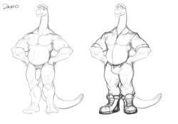 2025 anthro belly big_muscles black_and_white boots bottomwear bulge character_name clothed clothing collared_shirt david_(pandottermon) dinosaur flaccid footwear foreskin genitals hands_on_hips hat hat_only headgear headgear_only headwear headwear_only long_neck long_tail male male_anthro monochrome mostly_nude musclegut muscles muscular nude nude_anthro nude_male pandottermon pants penis prehistoric_species reptile sauropod sauropodomorph scalie shirt shoes simple_background solo standing tail text topwear uniform uniformed_male white_background