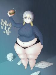 1girls bbw belly burger chubby chubby_female fat fat_female fat_fetish faust_(limbus_company) female limbus_company multicolored_hair pizza_box plushie project_moon the_one_who_grips_faust_(limbus_company) thecorrupteddude white_hair yellow_hair