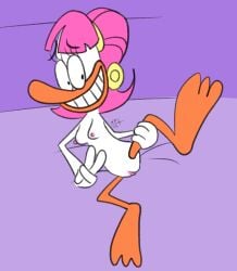 2025 anthro breasts duck female grin looking_at_viewer negaposi nipples nude pink_hair pussy solo spread_legs toony uncle_duck white_body