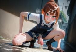 1futa 1girls after_ejaculation after_masturbation ai_generated balls big_balls big_penis big_testicles breasts clenched_teeth cum cum_on_clothes cum_on_hair cum_on_legs cum_pool cum_string devaster dickgirl erection excessive_cum female freckles freckles_on_face futanari green_eyes grin hentai hot_cum intersex looking_at_viewer outdoors penis pinafore_dress ponytail reddish_brown_hair school_uniform schoolgirl skinny skinny_futa small_breasts testicles yellowish_cum