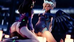 1boy 2girls 3d alternate_costume animated ass big_ass big_butt blender blonde blonde_hair blood_hair blue_eyes bodysuit breasts brown_hair bubble_ass bubble_butt butt cleavage cobalt_mercy d.va erection eye_contact facesitting female ffm_threesome headphones looking_at_another male mercy no_sound oral overwatch penis penis_in_pussy pussy sex sitting sitting_on_face sitting_on_penis straight threesome video yeero