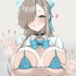 absurdres against_glass asuna_(blue_archive) asuna_(school_uniform)_(blue_archive) bikini blue_archive blue_bikini blue_bow blue_bowtie blue_eyes blue_halo blush bow bowtie breast_press breasts breasts_on_glass brown_hair choker cleavage female grin hair_over_one_eye halo highres large_breasts long_hair looking_at_viewer mole mole_on_breast open_clothes open_shirt oyumaru_(oyu135) partially_unbuttoned shirt sleeves_rolled_up smile solo swimsuit very_long_hair white_shirt
