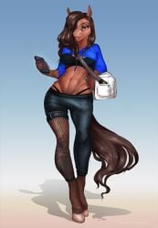 2024 abs anthro athletic athletic_anthro bottomwear breasts brown_body brown_hair bulge charlotte_(ncproductions) clothing digital_media_(artwork) equid equine fishnet_clothing fishnet_legwear front_view futanari hair hi_res hooves horse intersex legwear looking_at_viewer mammal pants simple_background smile solo standing tail tinyartgoblin