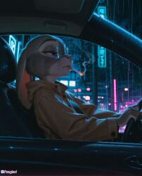 ai_generated car driving fur furry high_resolution highres hires judy_hopps panzglard rain smoking wet zootopia zootopia_2