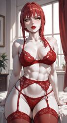 1girls ai_generated bra chainsaw_man dominatrix female g-string makima_(chainsaw_man) nude panties red_lingerie red_lips red_stockings stockings