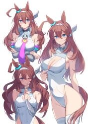 animal_ears bare_shoulders blue_eyes breasts brown_hair cleavage_cutout clothing_cutout collarbone collared_leotard commentary covered_navel cowlick crossed_arms detached_sleeves female hair_between_eyes hairband hashtag-only_commentary highleg highleg_leotard highres horse_ears horse_girl horse_tail inward_flipped_hair leotard long_hair looking_at_viewer medium_breasts metal_hairband mihono_bourbon_(umamusume) multiple_views necktie one_eye_closed pink_necktie simple_background tail thighhighs umamusume white_background white_leotard white_thighhighs yuuri_(sinjitu-no-yukue)