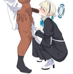 1boy apron aqua_bow aqua_bowtie bar_censor berserkert black_dress black_socks blonde_hair blue_archive blue_eyes blue_halo blush bow bowtie breasts censored dress eye_contact fellatio female folded frills gloves halo highres long_skirt looking_at_another maid maid_apron maid_headdress open_mouth oral sensei_(blue_archive) shirt short_hair sitting skirt socks squatting straight toki_(blue_archive) white_gloves white_shirt wrist_cuffs