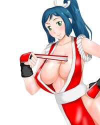 armpits bare_shoulders blue_hair breasts cleavage cosplay fan fatal_fury female fingerless_gloves gloves green_eyes gundam gundam_build_fighters hand_on_hip hips iori_rinko japanese_clothes kunoichi large_breasts lips long_hair looking_at_viewer mai_shiranui mai_shiranui_(cosplay) mature midriff milf mitsuishi_kotono momi_hoshi_age no_bra no_panties ponytail revealing_clothes simple_background smile snk solo tied_hair voice_actor_connection white_background