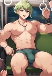 abs ai_generated biceps brown_hair danganronpa danganronpa_v3 dick enormous_breasts gay green_hair huge_cock in_public muscular night oriven pants pecs pectorals rantaro_amami sex submissive subway underwear