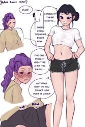 2girls belly belly_button bluedino262566 blush blush_lines breasts breath bulge bulge_through_clothing bulge_under_clothes color colored comic comic_page crop_top futanari futanari/female implied_futa kpop_demon_hunters legs nervous_face nervous_female rumi_(kpop_demon_hunters) sexy_body short_hair short_shorts shorts showing_off stomach sweater text text_bubble yuri zoey_(kpop_demon_hunters)