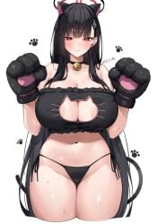 alternate_costume animal_hands areola_slip bare_shoulders black_choker black_gloves black_hair blue_archive breasts cat_lingerie choker cleavage closed_mouth commentary female gloves hair_ornament hairclip halo hands_up highres huge_breasts long_hair looking_at_viewer mono_(mo_n_mno) navel paw_gloves red_eyes rio_(blue_archive) simple_background smile solo stomach very_long_hair white_background