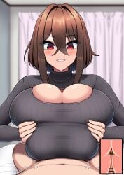 1boy1girl aya_(emp/denjipgre) breasts_bigger_than_head brown_hair censored_penis emp_(denjipgre) excited huge_breasts imminent_paizuri looking_at_partner looking_at_self paizuri paizuri_lead_by_female paizuri_under_clothes red_eyes small_penis smiling_at_partner sweater tremble_spikes trembling trembling_for_pleasure virgin_killer_sweater xray_view