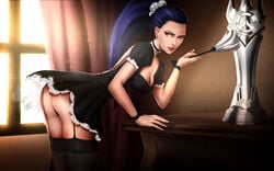 1girls ass bend_over_position bending_over breasts cherry-gig cleavage feather_duster female female_only garter_belt garter_straps long_hair looking_at_viewer maid maid_outfit overwatch ponytail purple_hair skirt solo stockings thighhighs thong tied_hair upskirt widowmaker