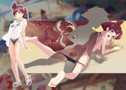 1boy bikini blue_bikini blurry blurry_background breasts brown_hair censored cervical_penetration cervix chloe_(pokemon) clothed_female_nude_male cum cum_in_pussy ejaculation female green_eyes hair_bun highres invisible_man long_hair male mosaic_censoring nipples nude paid_reward_available penis pokemon pokemon_(anime) pokemon_journeys prone_bone pussy sandals satoshi_(pokemon) see-through_clothes see-through_shirt sex sex_from_behind shirt short_hair small_breasts straight swimsuit toiro_gawon vaginal_penetration white_shirt