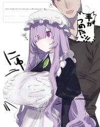 1boy 1boy1girl 1girls breast_grab breasts clothed emotionless eurasia_(wtp09ptw14) female francoise_(eurasia) grabbing_breasts grope groping groping_breasts long_hair maid maid_headdress maid_uniform male original purple_eyes purple_hair under_clothes wtp09ptw14