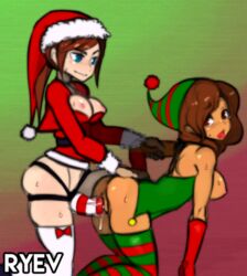 2girls anicehotcactus_oc areola ass athorment_oc blue_eyes blush bottomless breasts breasts_out brown_eyes brown_hair christmas cleavage clothed clothed_sex dark-skinned_female dark_ryev doggy_style dress evelyn_(athorment) evelyn_(athorment)_(female) female hat hips interracial latina latina_female long_hair looking_at_viewer looking_back multiple_girls nipples original_character pussy ryev skeleton stockings strap-on taylor_(anicehotcactus) thighhighs thighs tongue_out very_long_hair yuri