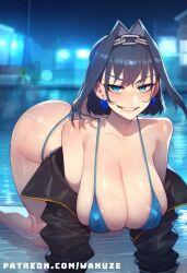 ai_generated all_fours alley big_ass big_breasts big_butt big_thighs black_jacket blue_bikini blue_eyes blue_hair blush breasts chains exhibitionism female hololive hololive_english hololive_english_-council- hololive_english_-promise- huge_ass huge_breasts huge_butt huge_thighs jacket micro_bikini night ouro_kronii outdoors thong wanuze wide_hips