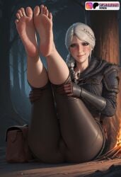 ai_generated aroused_face ass braid cd_projekt_red ciri clothing feet feet_fetish feet_focus feet_up female forest green_eyes legs_up light-skinned_female looking_at_viewer mascara night scar solo solo_female swsakura69 the_witcher_(series) the_witcher_4 white_hair