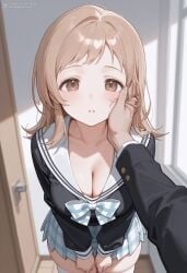 1boy 1other ai_generated ambiguous_gender black_shirt blush bow bowtie breasts brown_eyes brown_hair cleavage clothing collarbone dmk_meow door doorway female hand_on_another's_cheek hand_on_another's_face idolmaster indoors large_breasts leaning_forward legwear light_brown_hair long_hair long_sleeves looking_at_viewer male medium_hair miniskirt parted_lips plaid plaid_bow plaid_bowtie plaid_skirt pleated_skirt pov_doorway pov_hands sailor_collar sakuragi_mano school_uniform serafuku shirt skindentation skirt solo_focus standing swept_bangs thighhighs uniform v_arms white_sailor_collar white_skirt white_thighhighs zettai_ryouiki