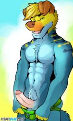 10s 2017 5_fingers abs anthro balls big_balls biped black_fur blue_fur canine clothed clothing dieselblue erection floppy_ears fur golden_retriever green_eyes grin hair humanoid_penis jockstrap looking_at_viewer male male_only mammal monroe_(monroethelizard) multicolored_fur muscular open_mouth pecs penis precum simple_background smile solo standing teeth tongue uncut underwear yellow_fur