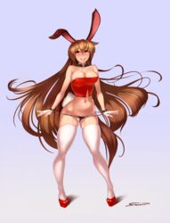 1girls animal_humanoid breasts brown_hair bunny_ears clothing collar female gradient_background hair humanoid lagomorph large_breasts long_hair mammal orange_eyes panties rabbit_humanoid red_shoes rwby shonomi simple_background skimpy smile solo underwear velvet_scarlatina wrist_cuff