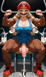 ai ai_generated cum_overflowing donkey_kong futanari genderswap_(mtf) mario_(cosplay) mario_(series) mario_hat milking_breasts milking_machine mixed_breed monkey moustache mouth_open muscles princess_peach