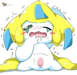 1boy blush drooling erection feet green_eyes half-closed_eyes japanese_text jirachi legendary_pokemon looking_at_viewer male male_only nintendo one_eye_closed open_mouth penis pokemon pokemon_(species) pokemon_rse precum saliva shaking sitting solo spread_legs spreading tapering_penis tears text tokemaru tongue trembling video_games wavy_mouth white_background white_skin wince yellow_skin