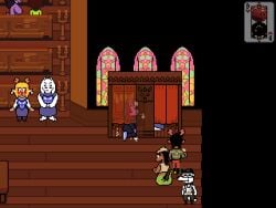 animated anthro asgore_dreemurr bladedbard catty_(undertale) church confession_booth deltarune digital_media_(artwork) felid feline fellatio female group human kris_(deltarune) male male/female mammal noelle_holiday nun_outfit oral penile penis pixel_(artwork) pixel_animation sex sprite sprite_art susie_(deltarune) toriel undertale_(series)
