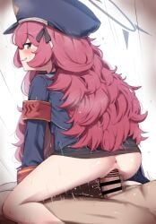 1boy absurdres anus ass bar_censor blue_archive censored female halo hat highres iroha_(blue_archive) kuragesensei long_hair penis red_hair reverse_cowgirl_position sex straddling straight vaginal_penetration