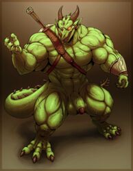 2015 3_toes 5_fingers abs absurd_res anthro balls biceps big_balls big_muscles border claws dragon fangs front_view full-length_portrait full_length glowing glowing_eyes green_balls green_scales green_skin half-erect hi_res horn huge_muscles humanoid_penis hyper hyper_muscles male male_only manly melee_weapon muscular muscular_male neodokuro nude open_mouth orange_eyes pecs penis pointy_ears portrait raised_arm red_eyes reptile retracted_foreskin scales scalie sharp_claws sharp_teeth slit_pupils smile solo standing sword teeth thick_penis thick_thighs toe_claws toes uncut varanis_blackclaw vein veiny_penis weapon