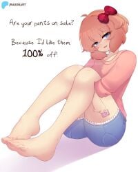 1girls arms_around_legs blue_eyes blue_pants blush condom condom_wrapper cute doki_doki_literature_club feet foot_fetish girl imminent_sex legs legs_together looking_at_viewer pink_hair pink_shirt raionart red_bow sayori_(doki_doki_literature_club) sfw smug smug_face text white_background wholesome