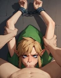 2boys ai_generated angry arms_up bound bound_wrists cheek_bulge clothed crying crying_with_eyes_open cum cum_in_mouth cum_out_nose deepthroat fellatio femboy forced forced_oral full_mouth hat helpless link looking_at_viewer makeup pinned_down pointy_ears pov pov_eye_contact rape raped resisting restrained restrained_arms rtxfus rtxfus34 runny_makeup sweat tears the_legend_of_zelda yaoi young