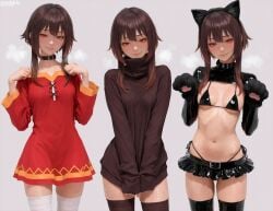 1girls ai_generated bikini cat_ears cat_girl catgirl collage cosplay cute cute_face cute_girl different_outfits dress fake_animal_ears female hentai kono_subarashii_sekai_ni_shukufuku_wo! konosuba megumin miniskirt multiple_outfits multiple_poses multiple_views neko paws petite petite_body pov pov_eye_contact rogue shameless shy small_breasts smirk smirking smirking_at_viewer srodskiy stockings sweater tagme thong vulgar waifu